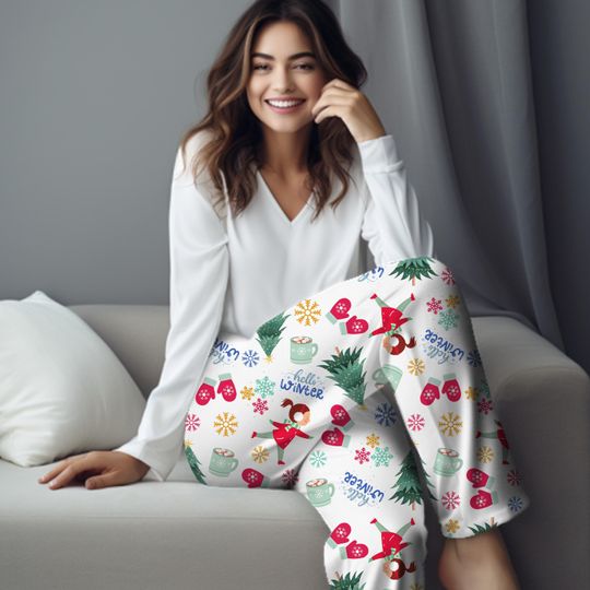Discover Winter Pajama Pants: Women's Holiday Lounge Wear with Ice Skater Design
