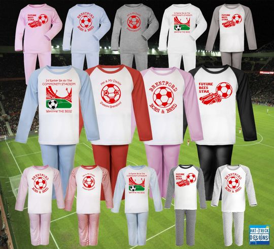Discover BRENTFORD Football Baby Childrens Kids Long Sleeve Raglan Pyjamas PJs Sleep NightWear Gift-0-3m to 9-10yrs-14 colours-100% Cotton-Boys/Girls