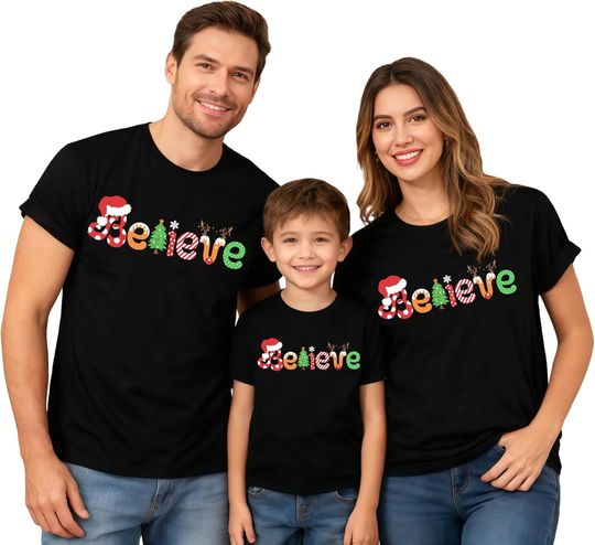 Discover Christmas Shirts for Family Santa Matching Outfits Christmas Crew Neck Shirt Holiday Print Tee Tops
