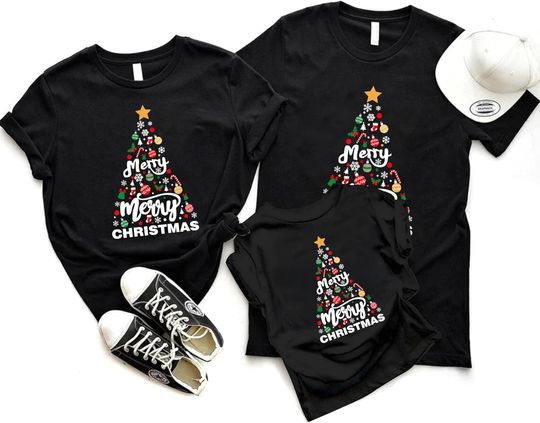 Discover Family Christmas Shirts for Parent Child Merry and Bright Christmas Tree Tshirt Short Sleeves Holiday Tops