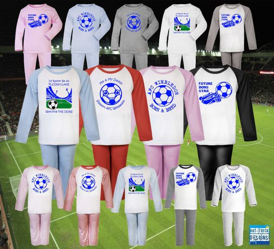 Discover AFC WIMBLEDON Football Baby Childrens Kids Long Sleeve Raglan Pyjamas PJs Sleep NightWear Gift-0-3m to 9-10yrs-14 colours-100% Cotton-Unisex