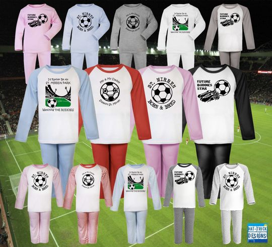 Discover ST MIRREN Football Baby Children's Kids Long Sleeve Raglan Pyjamas PJs Sleep NightWear Gift- 0-3m to 9-10yrs- 14 colours- 100% Cotton-Unisex
