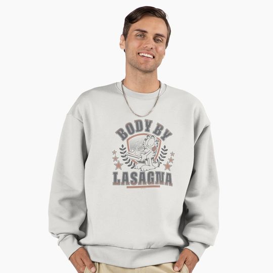 Discover Garfield Body By Lasagna Chest Emblem Distressed Premium Sweatshirt
