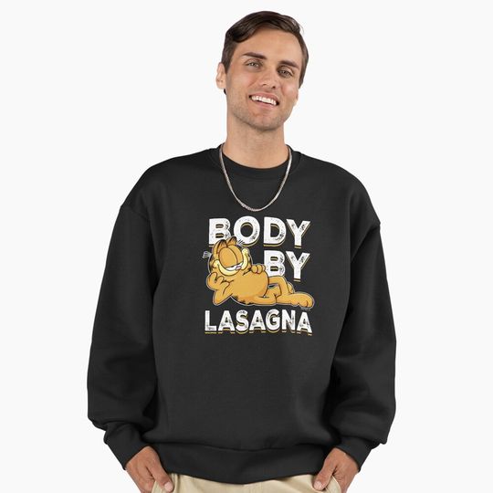Discover Garfield Body By Lasagna Sassy Pose Distressed Text Logo Premium Sweatshirt