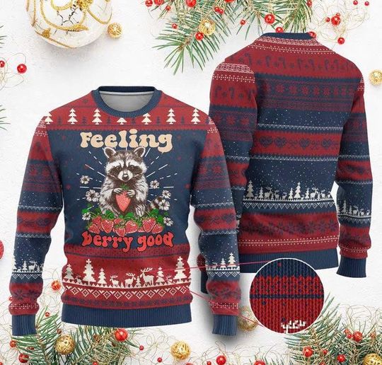 Funny Raccoon Ugly Christmas Sweater, Feeling Berry Good Eating Strawberries, Cute Animal Holiday Outfit for Men Women Kids