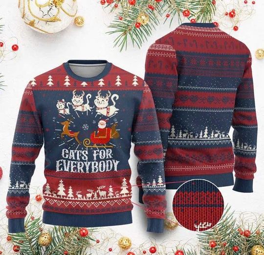 Christmas Cat Ugly Christmas Sweater, Funny Cats for Everybody Sweater, Santa and Reindeer Holiday Outfit for Adults & Kids
