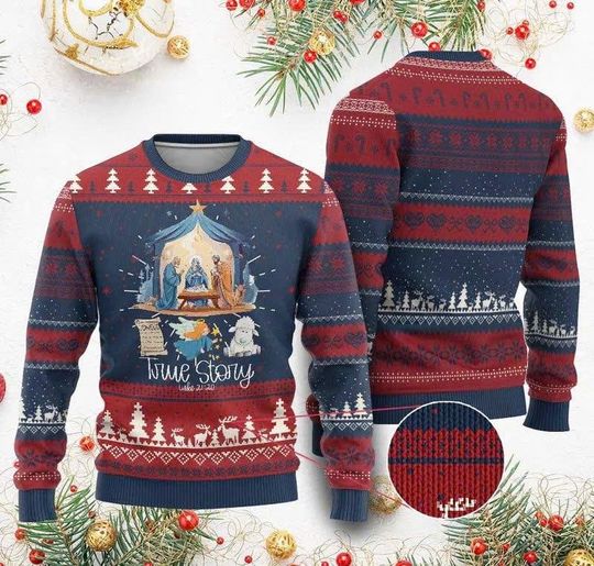 True Story Nativity Christmas Ugly Christmas Sweater, Baby Jesus Christian Holiday Sweater, Religious Xmas Outfit for Adults & Kids