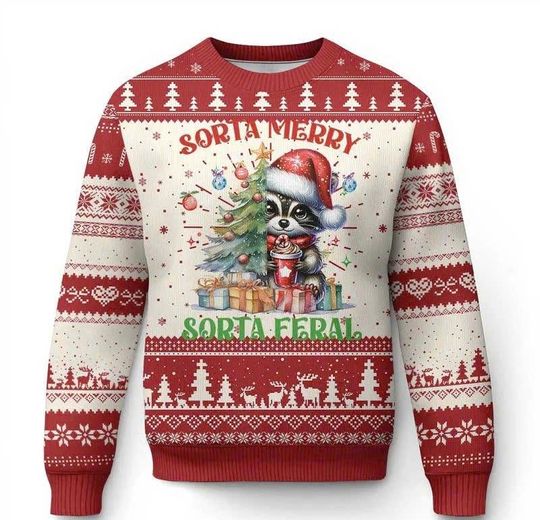 Discover Funny Raccoon Ugly Christmas Sweater  Sorry Santa Ive Been Feral Reindeer Xmas Pullover for Men, Women & Kids/CMS-19