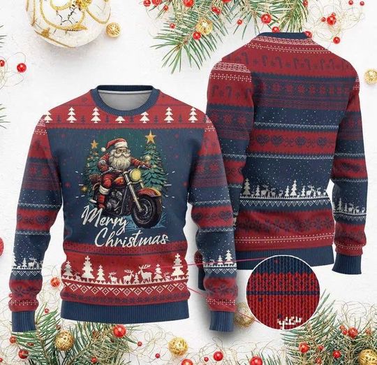 Discover Biker Santa Claus Ugly Christmas Sweater  Funny Holiday Pullover for Men, Women & Kids/CMS-21