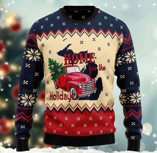 Home for the Holidays Michigan Ugly Christmas Sweater, Festive Holiday Pullover for Men & Women