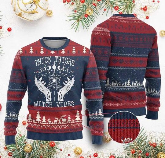Thick Thighs Witch Vibes Ugly Christmas Sweater, Celestial Witchcraft Moon Phases Holiday Pullover for Men, Women & Kids