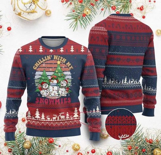 Discover Snowman Ugly Christmas Sweater, Chillin' With My Snowmies Retro Holiday Pullover, Funny Xmas Party Outfit