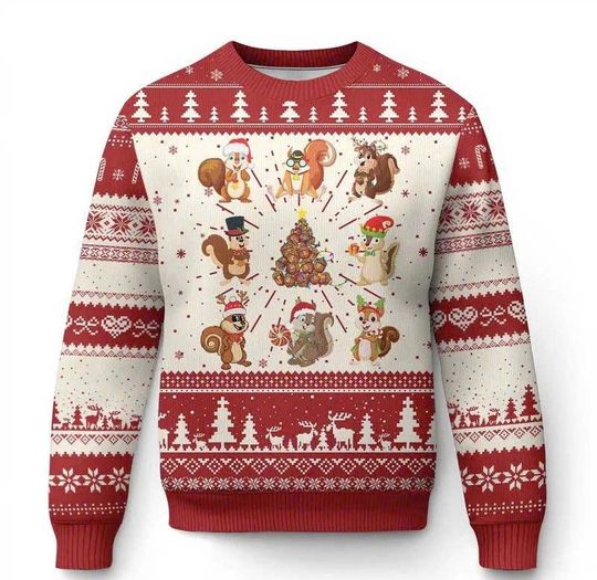 Discover Funny Squirrel Christmas Ugly Sweater, Santa Reindeer Holiday Pullover for Men, Women & Kids