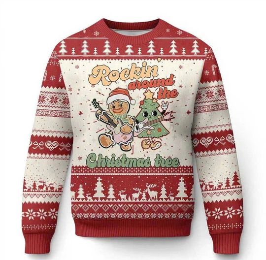 Discover Groovy Christmas Ugly Sweater, Funny Gingerbread Man Rockin Around The Xmas Tree Holiday Pullover