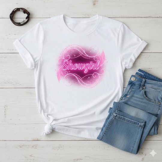Discover Neon Pink "Showgirl" T-Shirt | Sparkly Stage Light Design | Glamorous Performance Tee