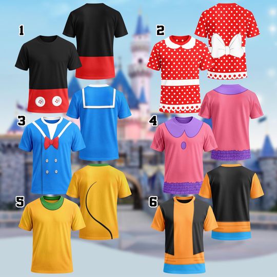 Discover Disney Mickey Minnie Donald Goofy Costume T-Shirt, Mickey Mouse Cosplay Costume Shirt, Characters Cosplay Tee, Halloween All Over Print Tee