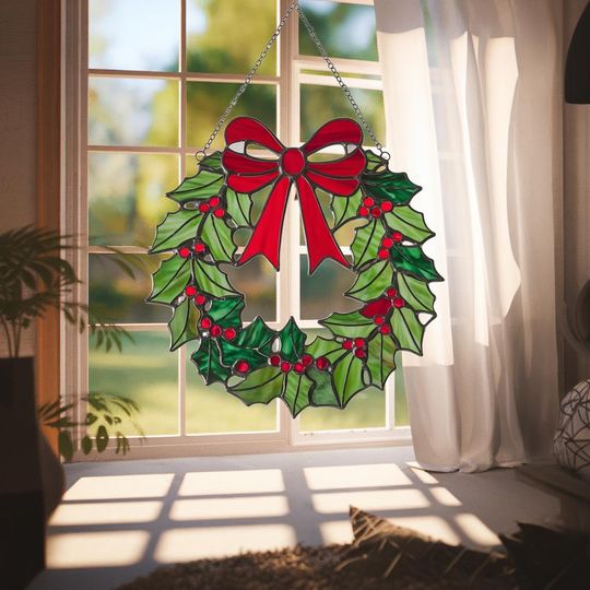 Discover Christmas Wreath Holly Acrylic Suncatcher, Festive Holiday Window Hanging, Christmas Suncatcher, Winter Home Decor, Christmas Window Decor