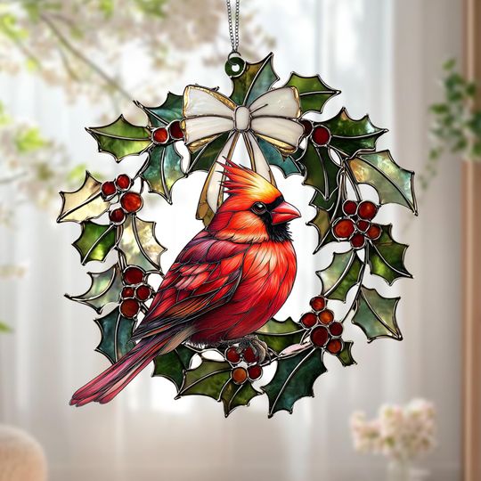 Discover Christmas Cardinal Holly Wreath Suncatcher Window Hanging, Cardinal Bird Lover, Red Bird Decor for Living Room, Gift for Mom, Christmas Gift