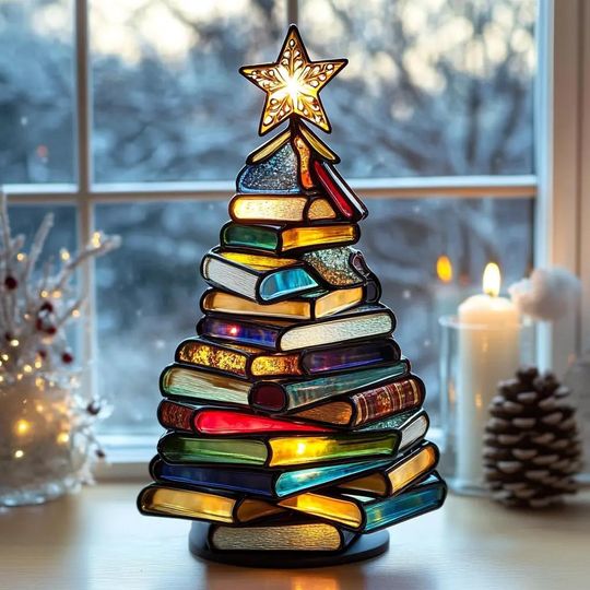 Discover Christmas Book Tree Suncatcher Ornament ACRYLIC, Book Gift, Book Lover Gift, Book Ornament, Book Gift, Book Lover Gift, Librarian Gift