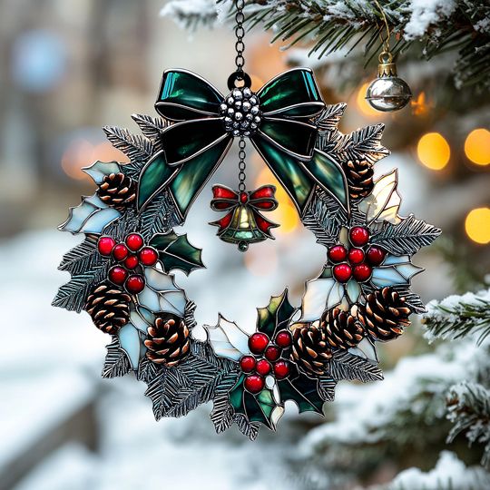 Holly Pinecone Christmas Wreath Acrylic Suncatcher Festive Faux Stained Glass Window Hanging Holiday Decor 2025 Christmas Ornament