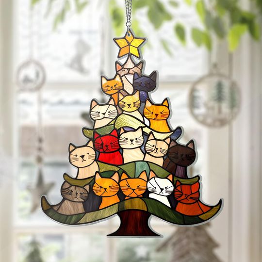 Discover Cat Christmas Tree Suncatcher Ornament, Acrylic Window Hanging for Cat Lovers, Hanging Ornament for Cat Lovers, Cat Decor, Christmas Gifts