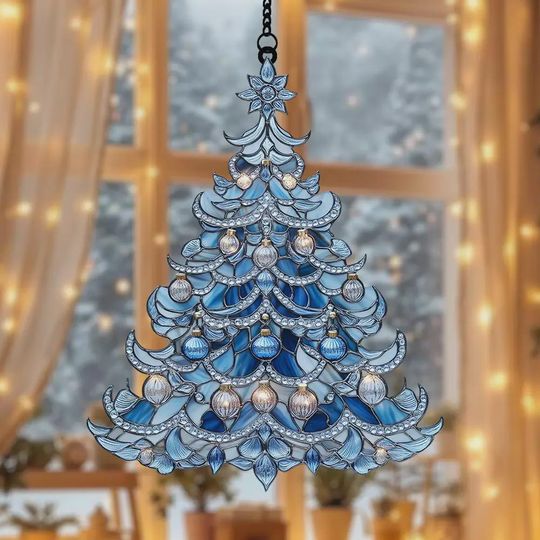 Discover Baby Blue Ice Christmas Tree Ornament, Faux Stained Glass Acrylic Suncatcher 2025 Holiday Window Hanging