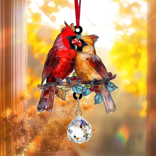 Cardinal Suncatcher Hanging Crystal, Christmas Gift, Acrylic Window Hanging, Red Bird Decor for Living Room, Gifts for Mom
