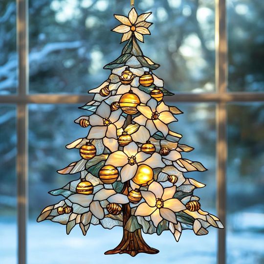White Poinsettia Christmas Tree Acrylic Suncatcher  Snowy Faux Stained Glass Window Hanging  Winter Holiday Decor Gift