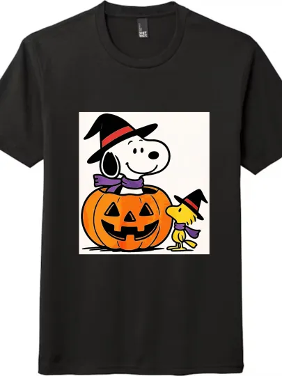Discover Snoopy Halloween Outfit: Pumpkin Hat&Purple Witch Hat Cartoon Print Tee- Unisex
