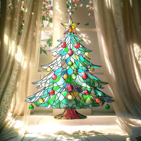 Discover Holiday Faux Stained Glass Christmas Tree Suncatcher - Festive Acrylic Window Hanging For Seasonal Decor