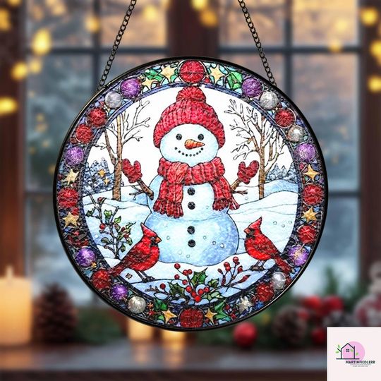 Discover Snowman & Cardinals Stained Glass Suncatcher: Cozy Christmas Decor