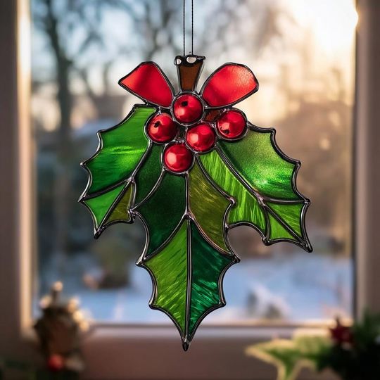Holly Leaf Acrylic Suncatcher, Festive Christmas Decoration, Winter Holiday Window Hanging, Faux Stained Glass Ornament, Xmas Gift