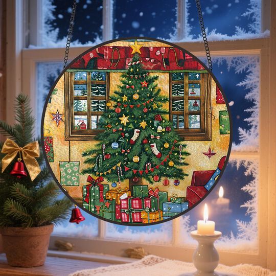 Discover Custom Christmas Tree Stained Glass Window Hanging, Stained Glass Xmas Gift for Winter Home, Window Decor Perfect Home Dcor, Santa Ornament