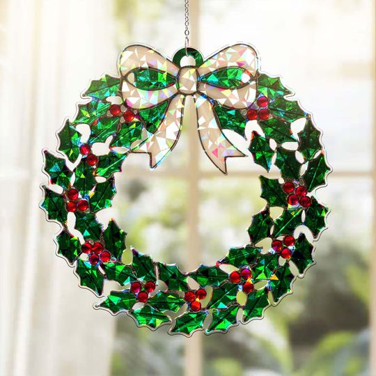 Discover Christmas Stained Glass Holly Wreath Ornament, Festive Holiday Window, Christmas Hanging Suncatcher, Christmas Wreath Decor