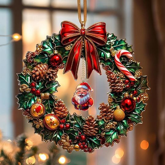 Discover Christmas Wreath Acrylic Suncatcher With Santa - Faux Stained Glass Holiday Window Hanging - Festive Winter Home Gift