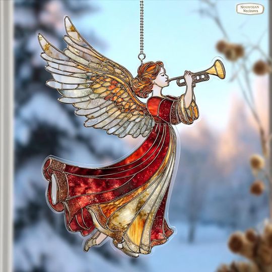 Christmas Angel Acrylic Suncatcher Ornament, Whimsical Angel with Trumpet, Holiday Window Hanging Decoration, Festive Wall Art Gift
