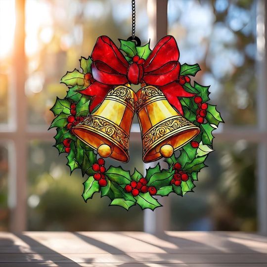 Discover Christmas Bells Acrylic Suncatcher  Christmas Acrylic Window Hanging, Holiday Wreath Ornament, Festive Home Decor, Gift for Christmas