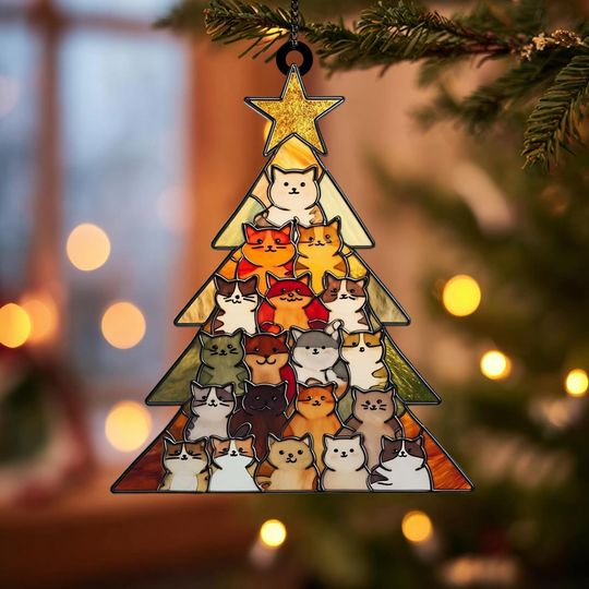 Acrylic Cat Christmas Tree Suncatcher, Holiday Window Hanging, Cute Cat Christmas Ornament, Winter Home Decor, Christmas Gift for Cat Lovers