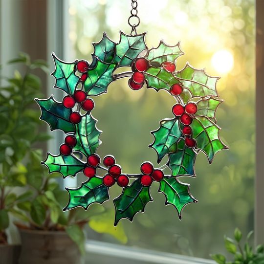 Discover Christmas Wreath Acrylic Suncatcher Window Hanging  Holly and Berry Acrylic Decor, Christmas Suncatcher, Holiday Gift for Home