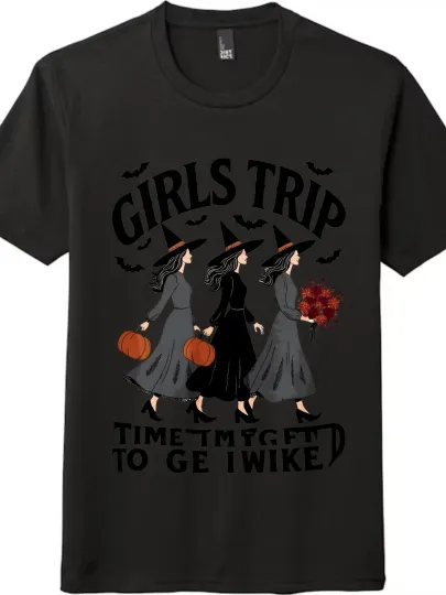 Discover Halloween "Girls Trip"Witch-themed Cartoon Casual T-shirt(Black and White )| Tee