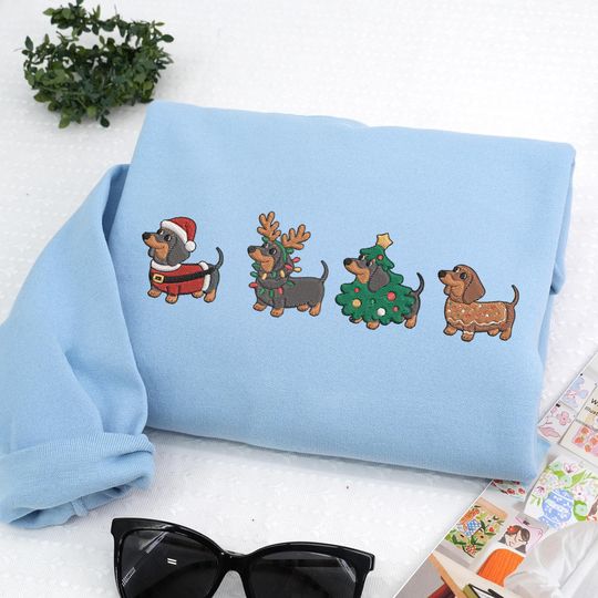 Discover Embroidered Dachshund Christmas Sweatshirt: Personalized Wiener Dog Holiday, Gift for Pet Owners