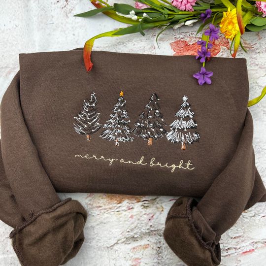 Discover Merry & Bright Christmas Tree Embroidered Crewneck Sweatshirt - 4 Christmas Trees