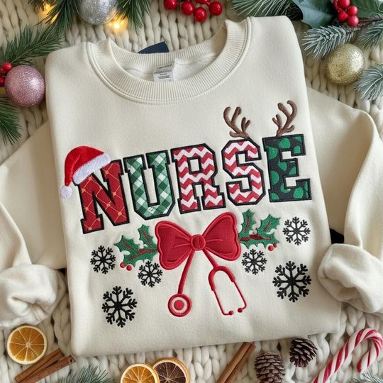 Discover EMBROIDERED Christmas ICU Nurse Sweatshirt, Festive Nurse Sweater, Merry Nurse Crewneck, Registered Nurse Holiday