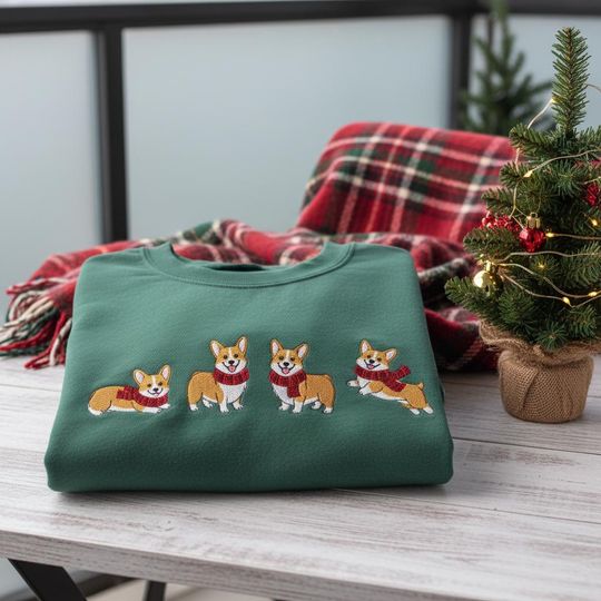 Corgi Christmas Embroidered Sweatshirt, Cute Dog Holiday Crewneck, Welsh Corgi Lovers Gift, Winter Dog Mom , Xmas Pet Sweatshirt