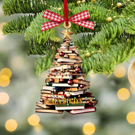 Personalized Christmas Book Tree Name Ornament, Book Lover Gift, Bookworm Gifts, Book Club Ornament, Librarian Gift, 2025 Ornaments CF110