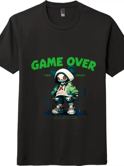 Discover "GAME OVER" Trendy Cartoon Casual T-shirt, Unisex Tee in Black and White