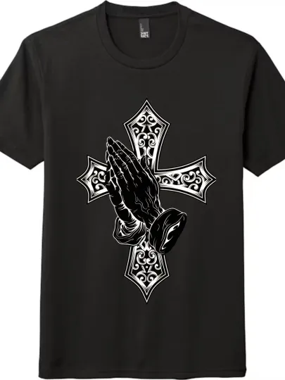Discover Praying Hands & Cross Art Loose Casual Unisex T-Shirt| Black & White Tee