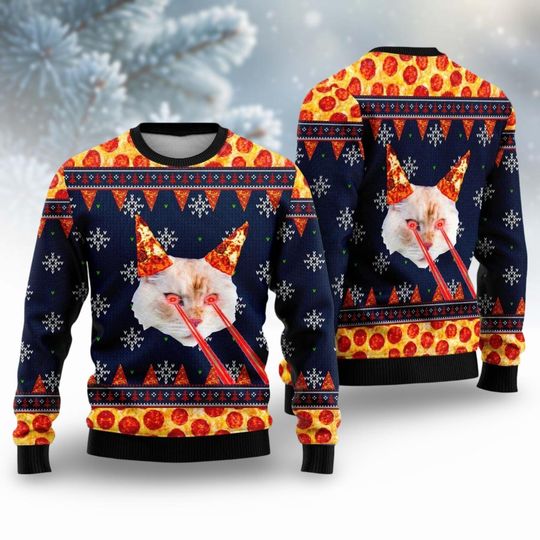 Discover Christmas Pizza Cat With Laser Eyes Ugly Christmas Sweater, Funny Cat Ugly Sweater, Cat Laser Sweater, Meme Cat Sweater For Men Woman