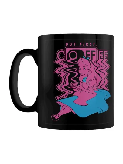 Discover Alice In Wonderland Black Mug with "But First, Coffee" Design