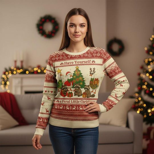 Discover Funny Raccoon Ugly Christmas Sweater, Feral Little Xmas Knit Sweatshirt, Holiday Gift for Men Women